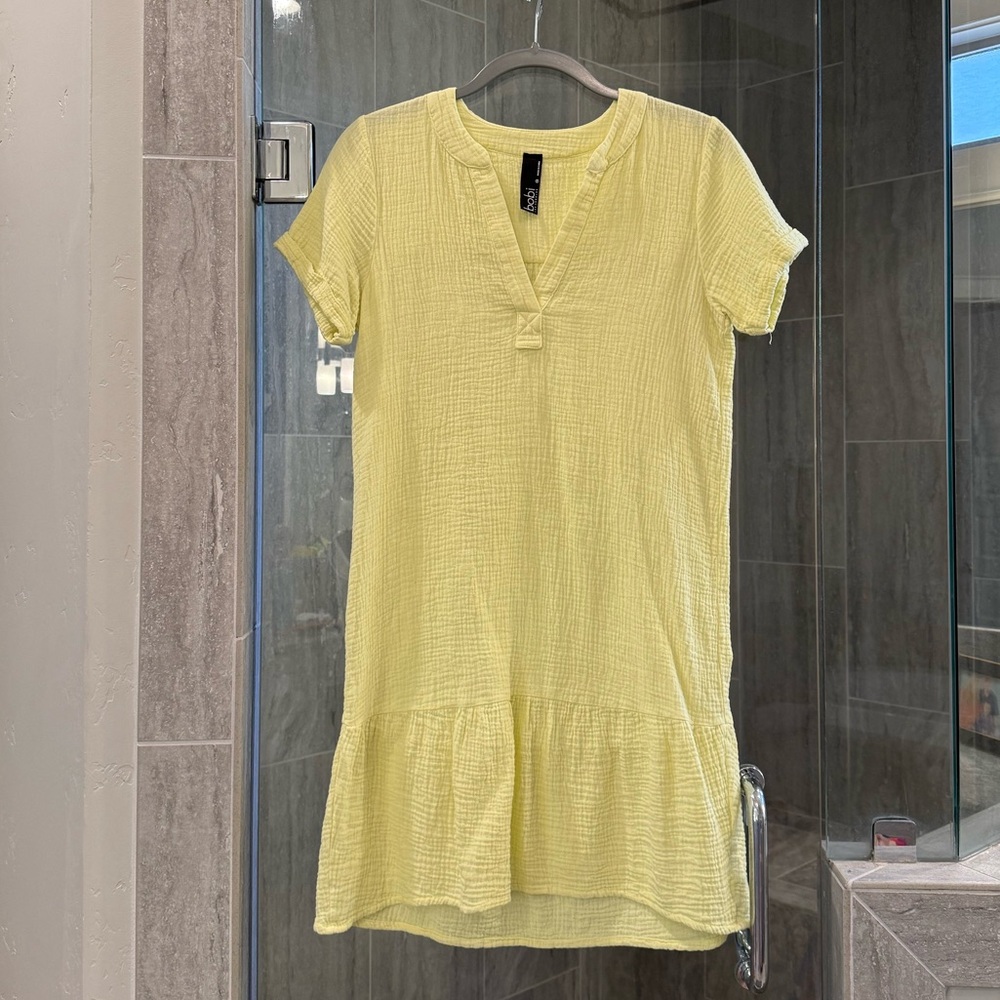 Bobi Light Yellow Gauze V-Neck Drop Waist Dress